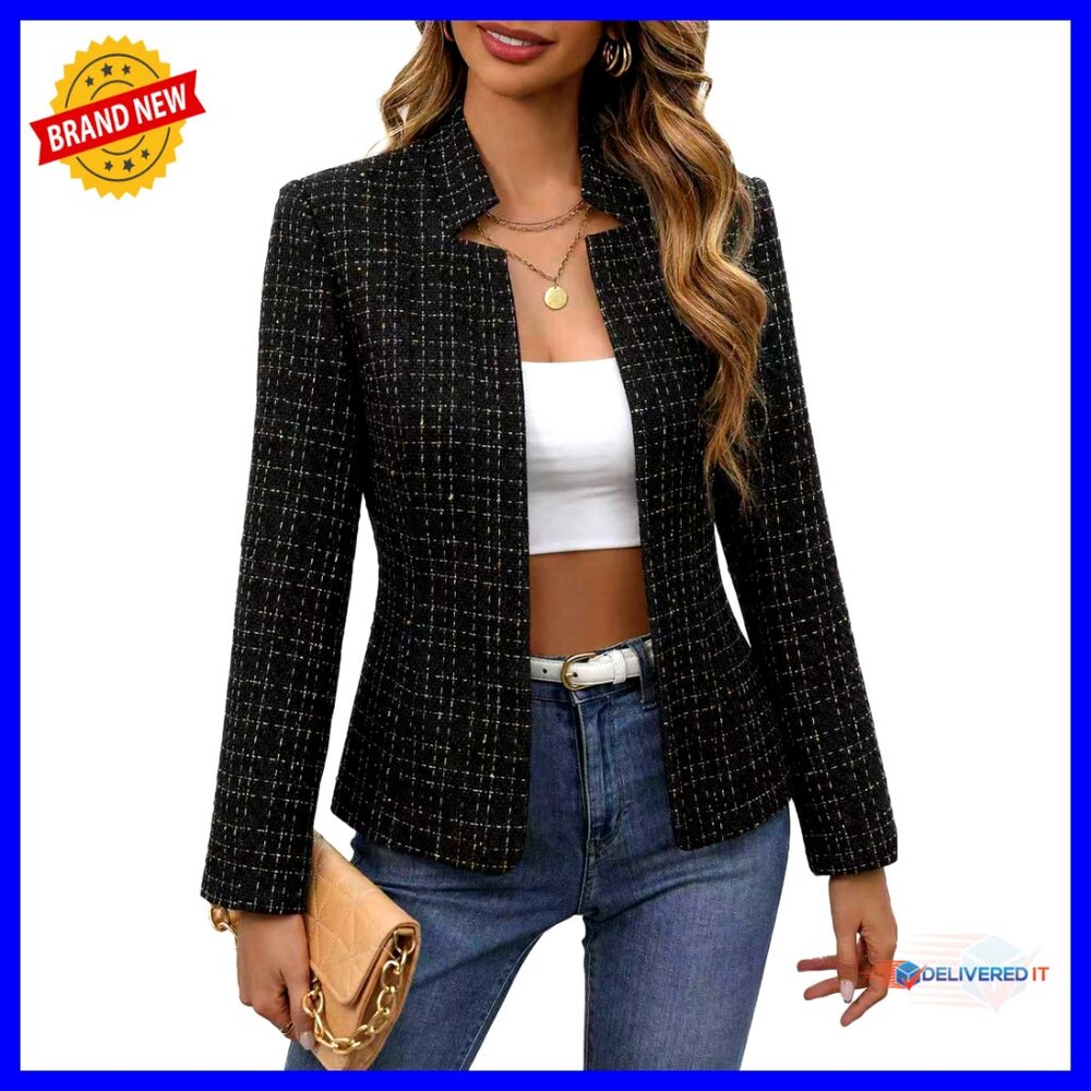Polyester Tweed Blazer Jacket Open Front Lined Pr… - image 1